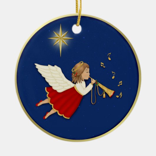 Trumpet Angel und Weihnachtsstern Keramikornament (Vorne)
