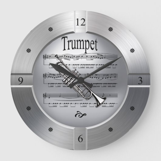 Trumpet - Sheet Music - Brushed Silver Color - Große Wanduhr (Vorderseite)