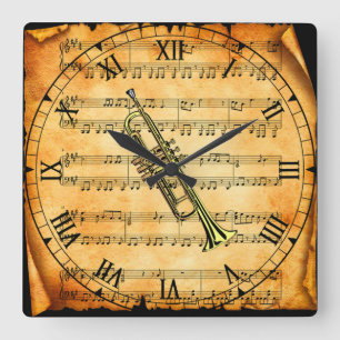Trumpet ~ Vintage Sheet Music Background ~ Unique Quadratische Wanduhr