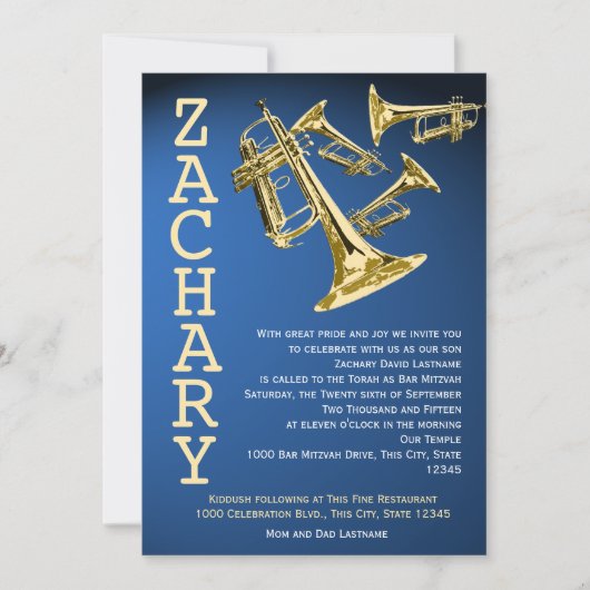 Trumpets Music Blue Gold Bar Mitzvah Einladung (Vorderseite)