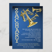 Trumpets Music Blue Gold Bar Mitzvah Einladung (Vorne/Hinten)