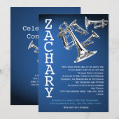 Trumpets Music Dark Blue Bar Mitzvah Einladung (Vorne/Hinten)