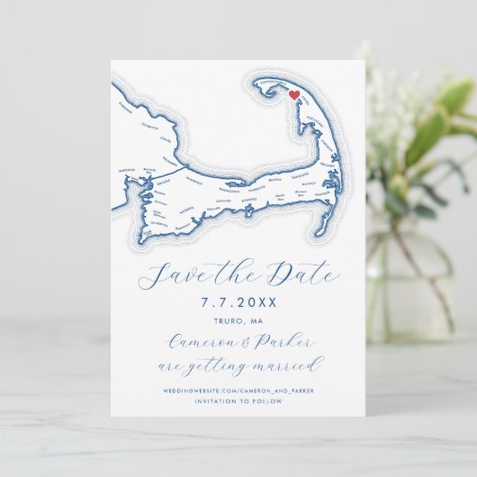 Truro MA Cape Cod Map Navy Blue Wedding Save The Date (Stehend Vorderseite)