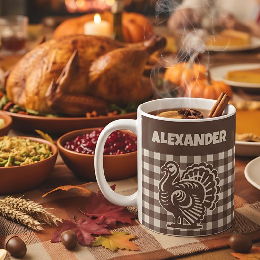 Truthahn im braun-beigen Karo-Design mit Namen Kaffeetasse
