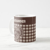 Truthahn im braun-beigen Karo-Design mit Namen Kaffeetasse (Vorderseite Links)