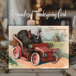 Truthähne fahren im Auto Vintager Erntedank Karte