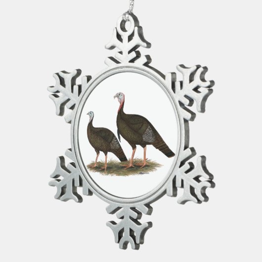Truthühner Ostpaare Schneeflocken Zinn-Ornament (Rechts)