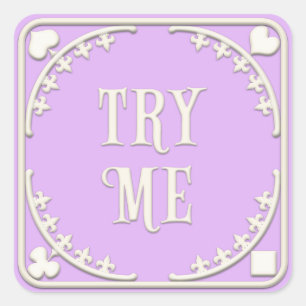 "Try Me" Wunderland Tea Party Elegantes Lila Quadratischer Aufkleber