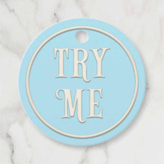 "Try Me" Wunderland Tee Party Blau Personalisiert Geschenkanhänger (Vorderseite)