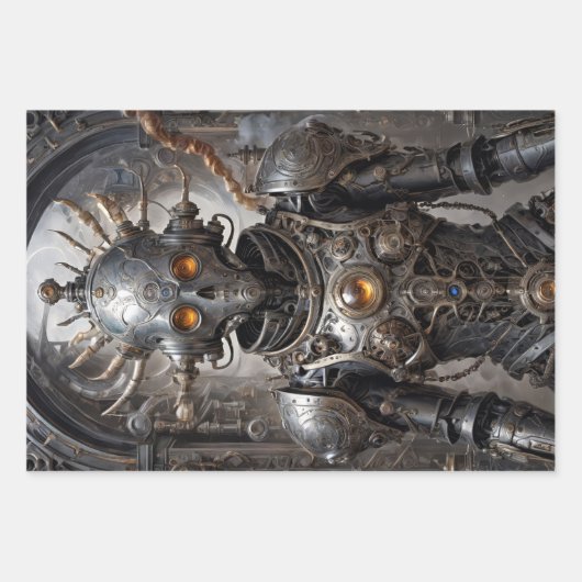 Tryptische Retrofuturistische Steampunkroboter Geschenkpapier Set (Vorderseite 2)