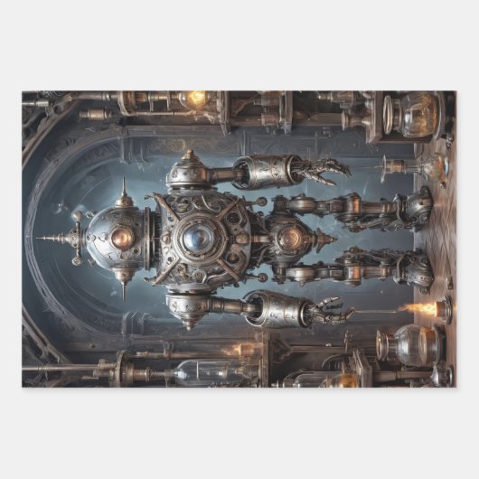 Tryptische Retrofuturistische Steampunkroboter Geschenkpapier Set (Vorderseite)