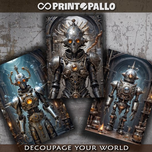 Tryptische Retrofuturistische Steampunkroboter Geschenkpapier Set