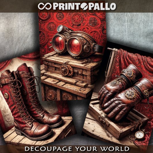 Tryptische Steampunkhandschuhe, Schuhe, Brillen au Geschenkpapier Set