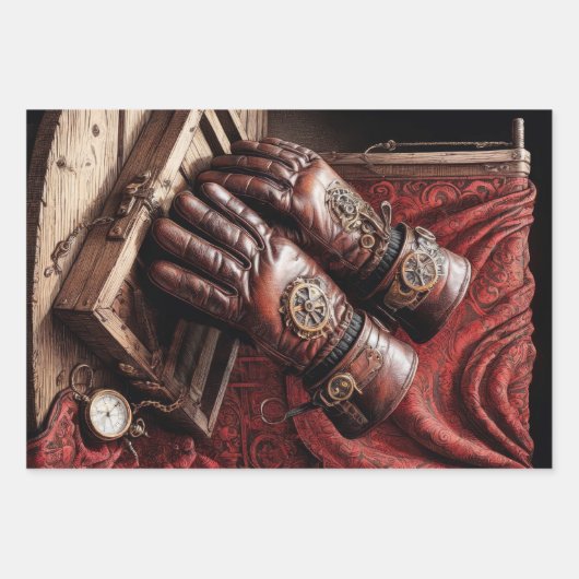 Tryptische Steampunkhandschuhe, Schuhe, Brillen au Geschenkpapier Set (Vorderseite)