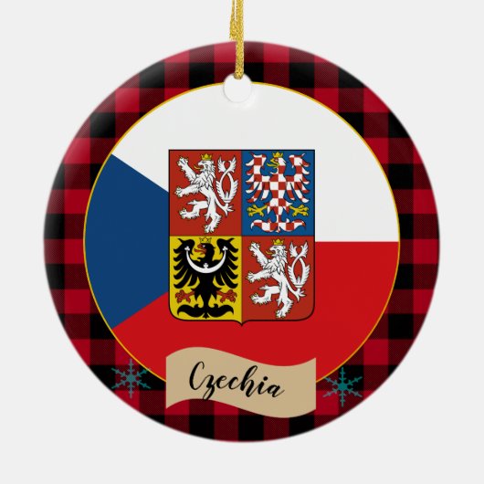 Tschechische Republik, rotes Büffel kariert & tsch Keramik Ornament (Hinten)