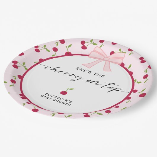 Tscherry On Top Baby Shower Coquette Rosa Süß Pappteller (Schrägansicht)