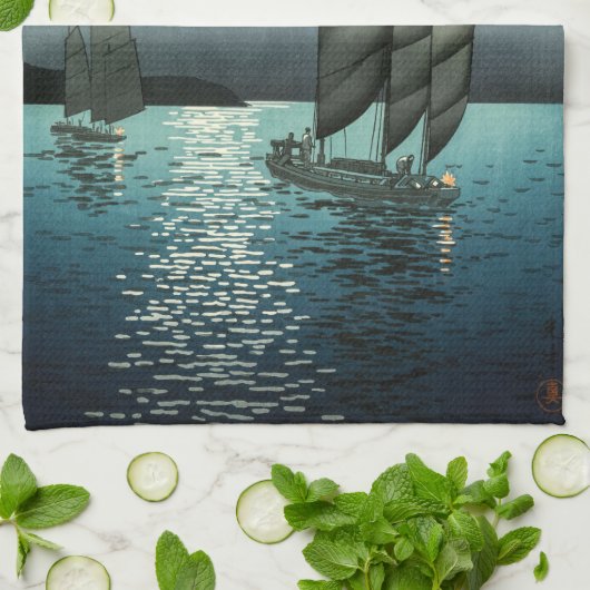 Tsuchiya Koitsu - Boote in Shinagawa, Nacht Geschirrtuch (Gefaltet)