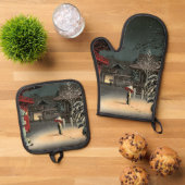 Tsuchiya Koitsu - Schnee bei Nezu Shrine Ofenhandschuh & Topflappen-Set (Oben Unten)