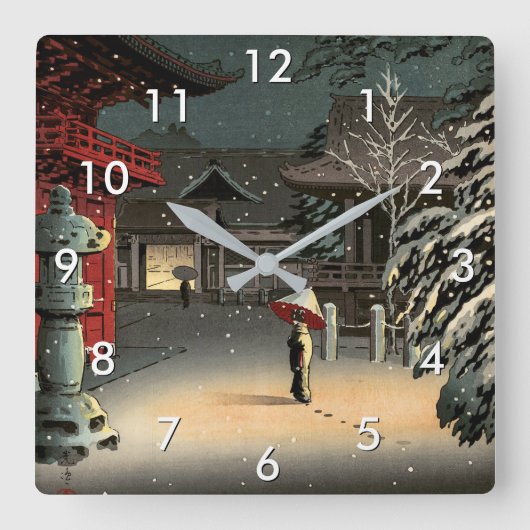 Tsuchiya Koitsu - Schnee bei Nezu Shrine Quadratische Wanduhr (Vorderseite)