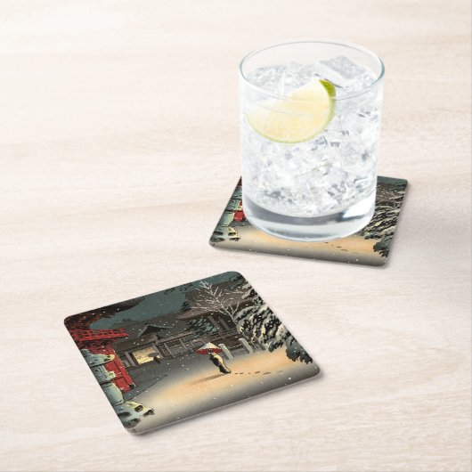 Tsuchiya Koitsu - Schnee bei Nezu Shrine Rechteckiger Pappuntersetzer (Vor Ort)