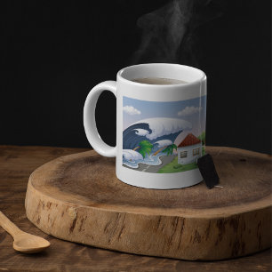 Tsunami-Welle trifft Küstenstraße Tropischer Sturm Kaffeetasse