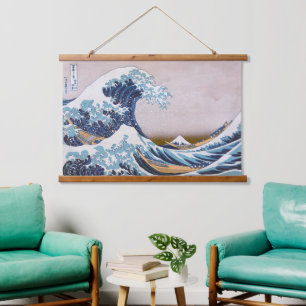 Tsunami-Welle vor Kanagawa Japan von Hokusai Wandteppich Mit Holzrahmen