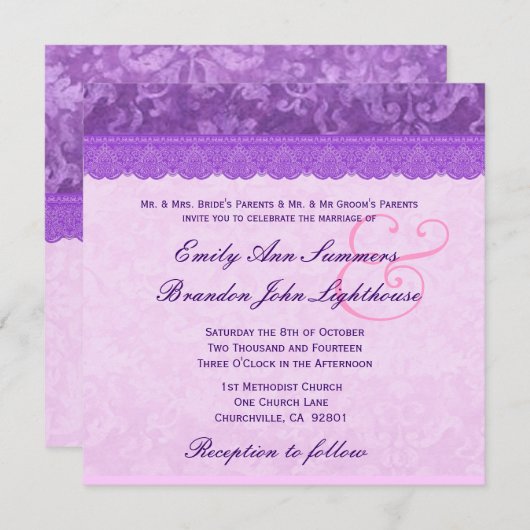 TT100 lila mit Spitze-Damast-Hochzeit Einladung (Vorne/Hinten)