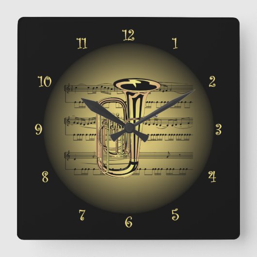 Tuba ~ 3-D Sheet Music ~ Gold & Black Background Quadratische Wanduhr (Vorderseite)