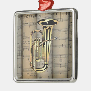 Tuba ~ Gerollter Notenblatt-Hintergrund ~ Musikali Ornament Aus Metall
