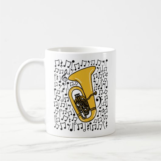 Tuba mit musikalischen Noten, Messingmusiker Kaffeetasse (Links)