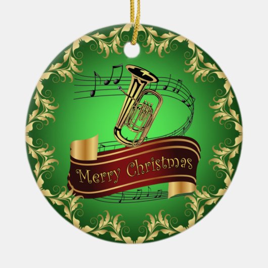 Tuba ~ Musical Scroll ~ Frohe Weihnachten ~ * ~ Keramik Ornament (Vorne)