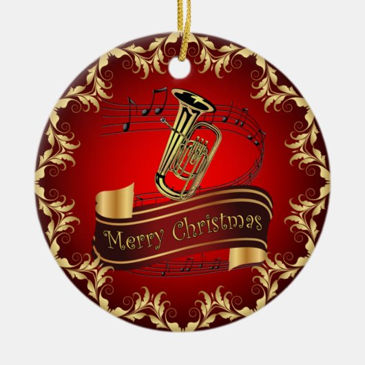 Tuba ~ Musical Scroll ~ Frohe Weihnachten ~ * ~ Keramik Ornament (Vorne)