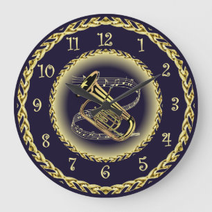Tuba Musical Scroll ~ Gold und Navy Blue ~ Große Wanduhr