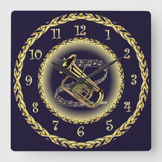 Tuba Musical Scroll ~ Gold und Navy Blue ~ Quadratische Wanduhr (Vorderseite)