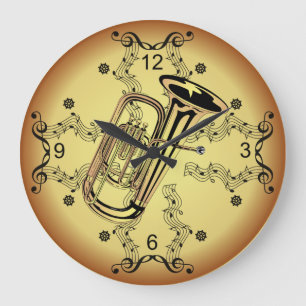 Tuba ~ Musical Scroll ~ Goldener Hintergrund ~ Große Wanduhr