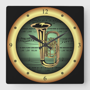 Tuba on Sheet Music ~ Green on Gold Background ~ Quadratische Wanduhr