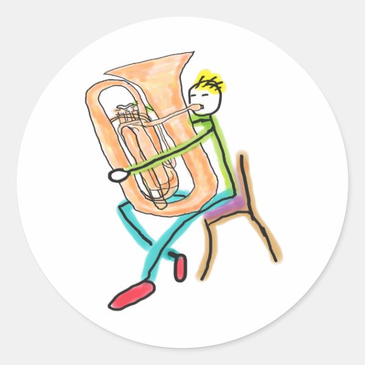 Tuba Playing Stickman Runder Aufkleber (Vorderseite)