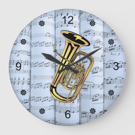 Tuba ~ Rolled Sheet Music ~ Blue Tint Background ~ Große Wanduhr (Vorderseite)