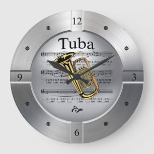 Tuba ~ Sheet Music ~ Brushed Silver Color ~ Große Wanduhr