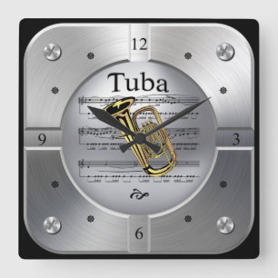 Tuba ~ Sheet Music ~ Brushed Silver Color ~ Quadratische Wanduhr