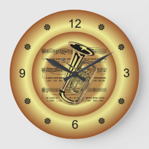 ~ Tuba ~ Sheet Music ~ Gold Background ~  Große Wanduhr
