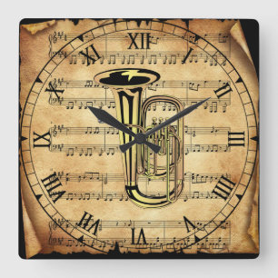 Tuba ~ Vintager Notenhintergrund ~ Unique ~ Quadratische Wanduhr