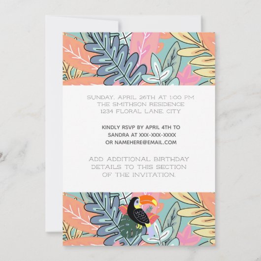 Tucan Second Birthday Dschungel Topthema Sommer Th Einladung (Rückseite)