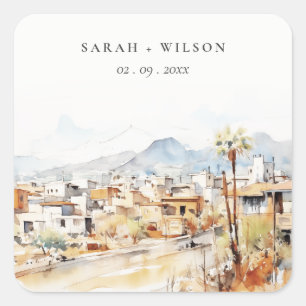 Tucson, Arizona Aquarell-Landschaft-Hochzeit Quadratischer Aufkleber