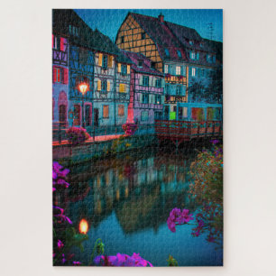 Tudor Cottage-Haus Nacht am Fluss in Frankreich Puzzle