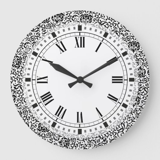 Tudor Garden Pre-Raphaelite Black and White Damask Große Wanduhr (Vorderseite)