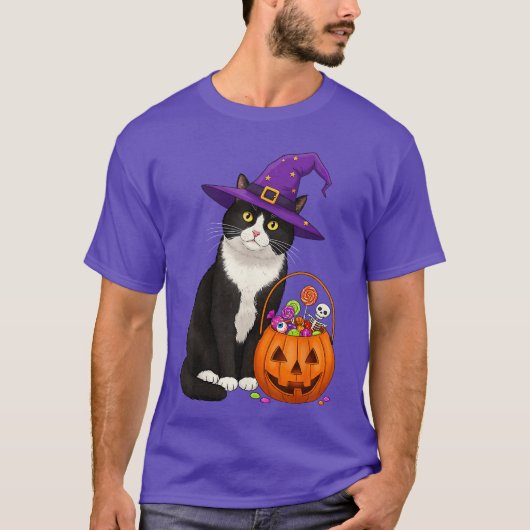 Tuedo Witch Cat Halloween Candy Basket for Men Wom T-Shirt (Vorderseite)