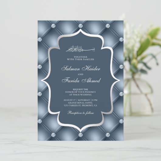Tufted Diamonds Dusty Blue Muslim Wedding Einladung (Stehend Vorderseite)