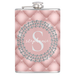 Tufted Sparkly Diamonds Blush Pink Monogram Flachmann