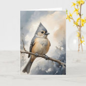 Tufted Titmaus-Ruhen auf der Rinne des Baumzweiges Karte (Gelbe Blume)